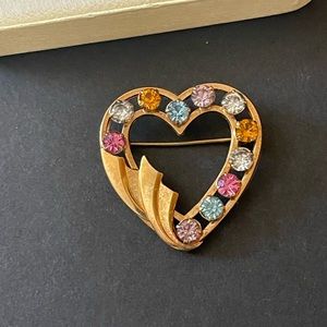 Vintage Catamore Heart Brooch Mother Grandmother Color Rhinestone w/Box